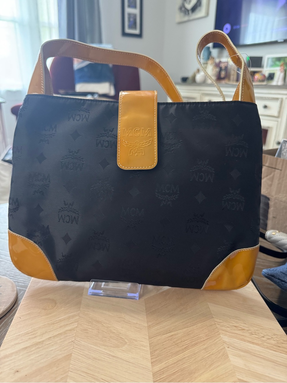 MCM Black Nylon Shoulder Bag with Cognac Leather Accents